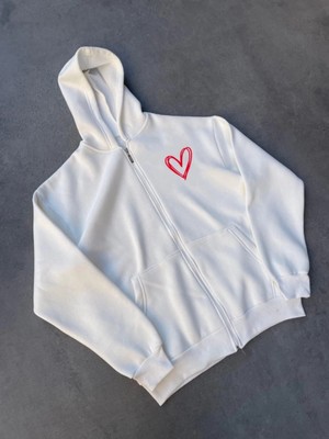 Üç Iplik Baskılı Fermuarlı Kapşonlu Hırka - Beyaz