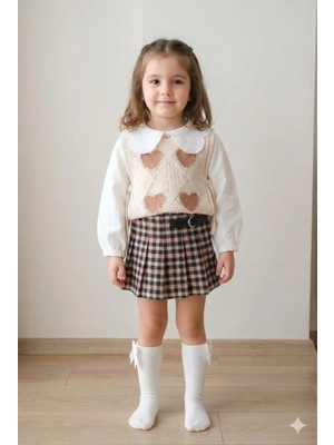 Mini Baray Kız Çocuk Kalpli Örgü Yelek Dantel Yakalı Bluz Ekose Pileli Etek 3'lü Takım 2 3 4 5 Yaş - Siyah
