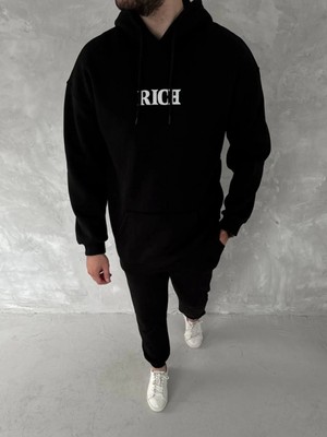 Uzun Kol Kapşonlu Göğüs Baskılı Sweatshirt - Siyah