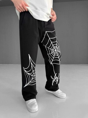 Iki Iplik Kumaş Örümcek Baskılı Esofman - Siyah