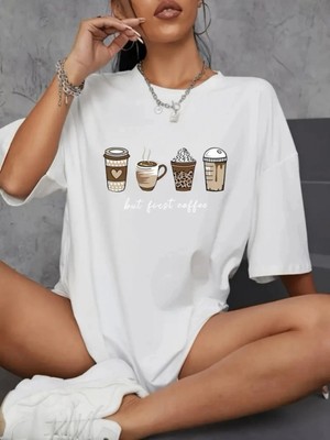 Baskılı Oversize Bisiklet Yaka T-Shirt - Beyaz