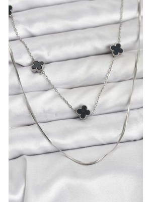 Vice Avm 316L Çelik Zincir Gümüş Renk İtalyan Zincirli Siyah Yonca Model Kadın Kolye  TG-VİCE10781 TG-V 12225
