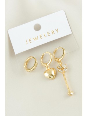 Zero Land Snmswrld 3 Adet Kalp Zirkon Taşlı Küpe-Sarı