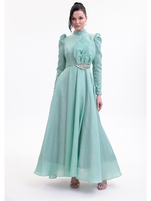 Bdm Exclusive Şifon Çiçek Detaylı Taş Kemerli Uzun Kollu Abiye Elbise