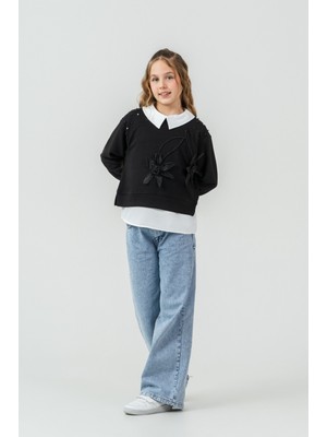 Miniko Kids Kız Çocuk Bayramlık Çiçekli Taşlı Kot Pantolonlu 2li Takım