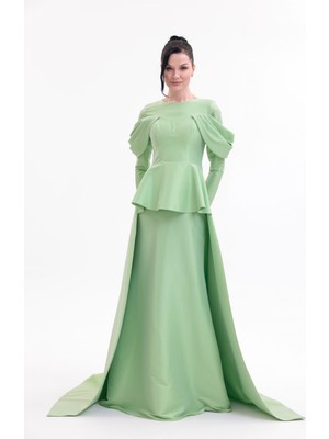 Bdm Exclusive Tafta Drape Kollu Peplum Bel Taşlı Premium Abiye Elbise