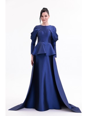 Bdm Exclusive Tafta Drape Kollu Peplum Bel Taşlı Premium Abiye Elbise