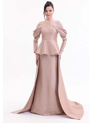 Bdm Exclusive Tafta Drape Kollu Peplum Bel Taşlı Premium Abiye Elbise