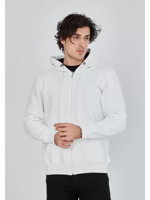 Unisex Tam Fermuarlı Kapşonlu  Sweatshirt - Beyaz