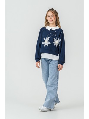 Miniko Kids Kız Çocuk Bayramlık Çiçekli Taşlı Kot Pantolonlu 2li Takım