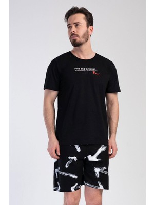 Vienetta Erkek Kısa Kol Şortlu Siyah Penye Pijama Takımı C8T5N0104