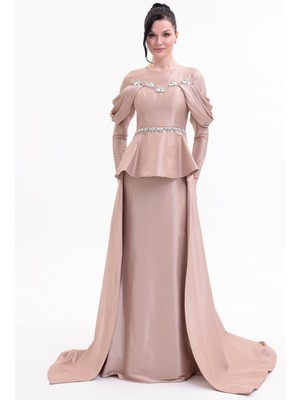 Bdm Exclusive Tafta Taş Işlemeli Drape Kollu Peplum Premium Abiye Elbise
