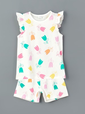 Lc Waikiki Yeni Sezon Bisiklet Yaka Çiçekli Kız Çocuk Şortlu Pijama Takımı