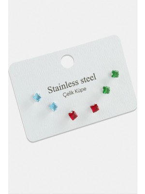 Zero Land Snmswrld 6 Adet Kare Zirkon Tek Taşlı Çelik Küpe-Gümüş Rengi