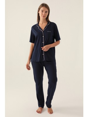 Pierre Cardin Kadın Gömlek Pijamsı Takımı Lisanslı Ürün Pamuklu Modal Kumaş Kısa Kol
