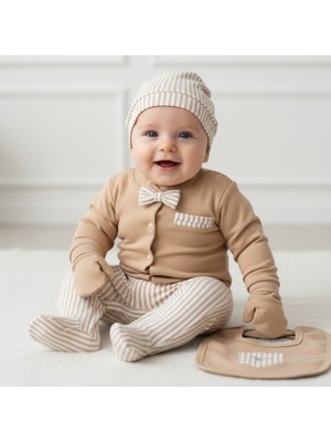 Milays Erkek Bebek 0-3 Ay Papyonlu Çizgili %100 Pamuk 5 Parça Hastane Çıkış Zıbın Seti