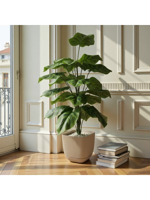 Neşeli Çiçekler Yapay Çiçek Difenbahya Bitkisi  24 Yaprak 80 cm Plastik Saksı Yapay Salon Çiçeği Yapay Ağaç Hediyelik