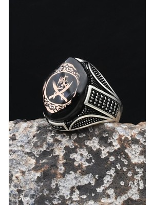 Prestige Gümüş Zülfikar Hz. Ali'nin Kılıcı Sıkma Kehribar Taşlı 925 Ayar Gümüş Erkek Yüzük 902544