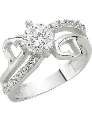 Fumeyabi Gümüş Kalpli Tek Taş Bayan Yüzük