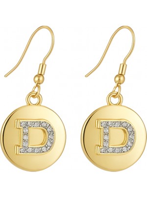 Tuqos Kadın Gold Renk D Harf Detaylı Zirkon Taşlı Sallantılı Rodyum Küpe 2'li