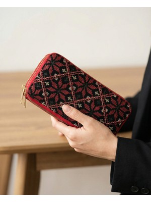 Zaytoon Filistin Geleneksel Renkli Kırmızı Nakışlı Çift Fermuarlı Kadın Büyük Cüzdeni 20X10 cm A100027