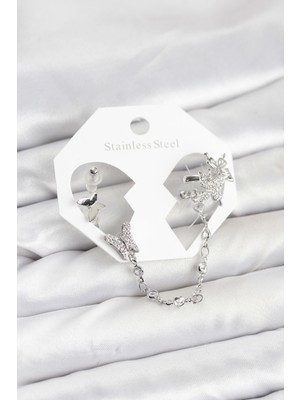Vice Avm Pirinç Gümüş Renk Kelebek Model Zincir Bağlantılı Ear Cuff Küpe Seti - TJ-BKP11535 TG-V 12496
