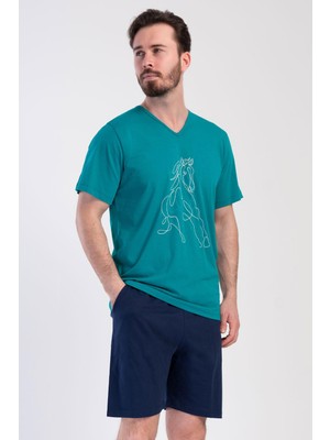 Vienetta Erkek Büyük Beden V Yaka Kısa Kol Şortlu Yeşil Penye Pijama Takımı C8T3N0104