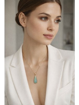 Solare Accessories Amazonit Doğal Taşlı Altın Kaplama Detaylı Kolye