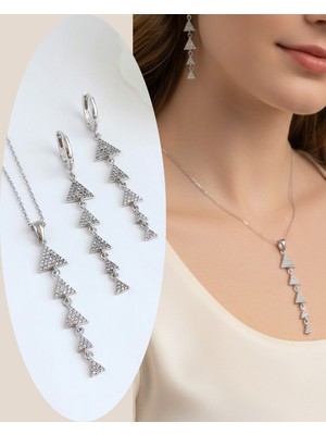 925 Ayar Gümüş Işıltılı Modern Üçgen Tasarım Uzun Kolye Küpe Gümüş Kadın Set Gelin Seti