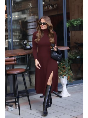 Hiccup Kadın Janes Balıkçı Yaka Yırtmaçlı Midi Elbise Bordo Kırmızı