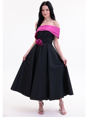 Bdm Exclusive Tafta Çiçek Detaylı Off-Shoulder Premium Abiye Elbise