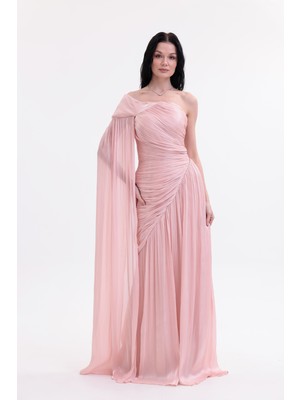 Bdm Exclusive Premium Abiye Elbise Tek Omuz Pudra Renk Drape Kollu Kloş Silüet Özel Olaylar İçin