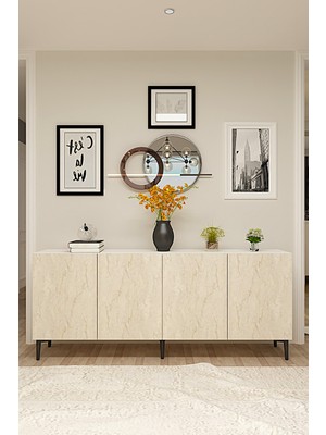 Ceneyra KA1899BT APLOS180 Konsol, Kahve Köşesi ve Tv Sehpası, Çok Amaçlı Dolap 180CM Beyaz-Traverten