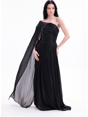 Bdm Exclusive Parlak Şifon Drape Kollu Tek Omuz Premium Abiye Elbise