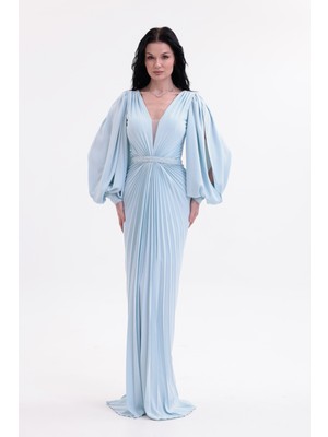 Bdm Exclusive Şifon Balon Kollu Drape Detaylı Premium Abiye Elbise