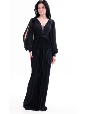 Bdm Exclusive Şifon Balon Kollu Drape Detaylı Premium Abiye Elbise