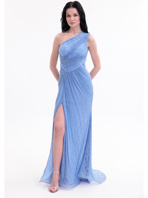 Bdm Exclusive Dantel Drape Detaylı Tek Omuz Yırtmaçlı Premium Abiye Elbise
