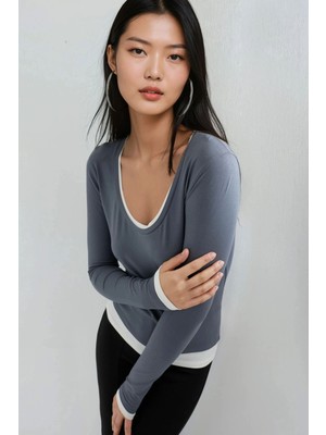 Hiccup Kadın Busem Kontrast Biye Detaylı Uzun Kollu Bluz Kömür Grisi