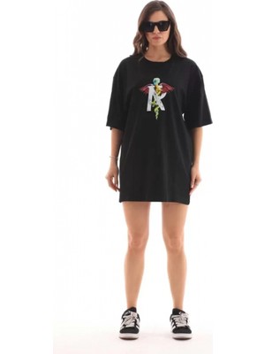 Unisex Bisiklet Yaka Baskılı Oversize T-Shirt - Siyah