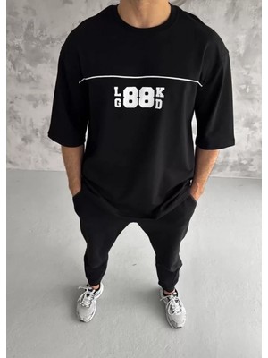 Unisex Bisiklet Yaka Baskılı Oversize T-Shirt - Siyah