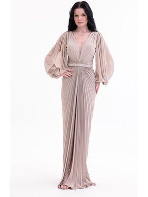 Bdm Exclusive Şifon Balon Kollu Drape Detaylı Premium Abiye Elbise