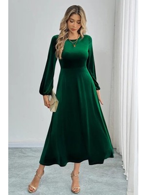 Hiccup Kadın Janes Bisiklet Yaka Kadife Midi Elbise Yeşil