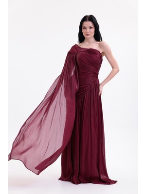 Bdm Exclusive Parlak Şifon Drape Kollu Tek Omuz Premium Abiye Elbise
