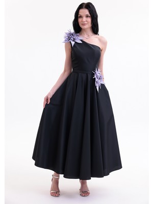 Bdm Exclusive Tafta Çiçek Detaylı Tek Omuz Premium Abiye Elbise