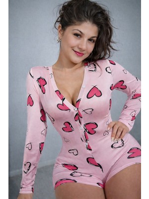 Byen Giyim Sevgililer Günü Temalı Kalp Desenli Ev Giyim Tulum