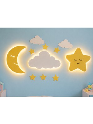 Diyar Tasarım Bebek Odası Duvar Süsü – Ahşap Bulut Ay ve Yıldız – LED Işıklı Dekor