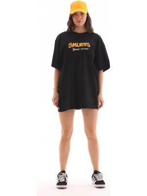Unisex Bisiklet Yaka Baskılı Oversize T-Shirt - Siyah