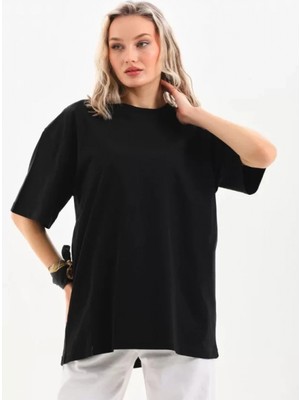 Unisex Bisiklet Yaka 20/1 Düz Oversize T-Shirt - Siyah