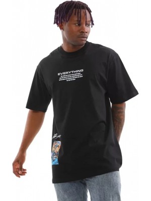 Unisex Bisiklet Yaka Baskılı Oversize T-Shirt - Siyah