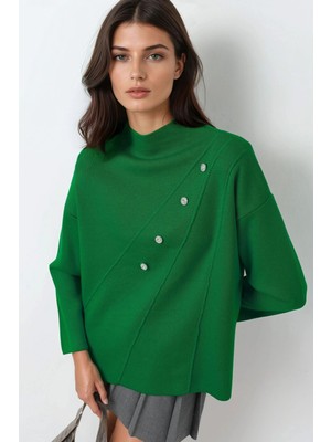 Hiccup Kadın My Fashıon Düğme Detaylı Triko Kazak Çam Yeşili